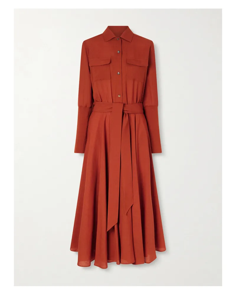 Loro Piana Verlaine Belted Pleated Wool Midi Shirt Dress - Red Red