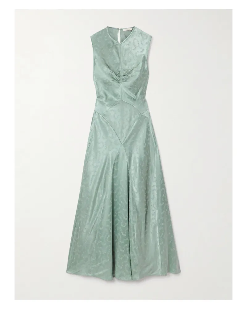 DÔEN Ginette Paneled Floral-jacquard Satin Midi Dress - Green Green