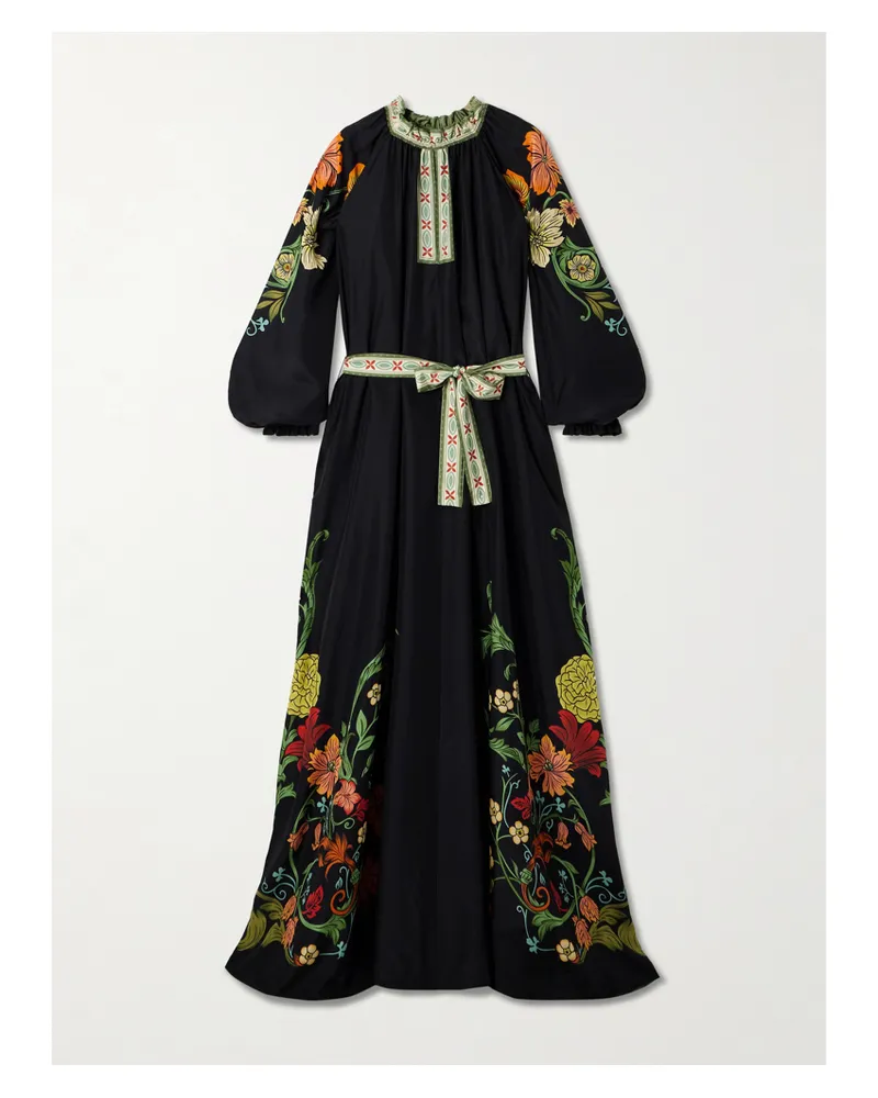 La DoubleJ Cerere Maxikleid Aus Seiden-voile Mit Blumenprint Und Bindegürtel - Schwarz Schwarz