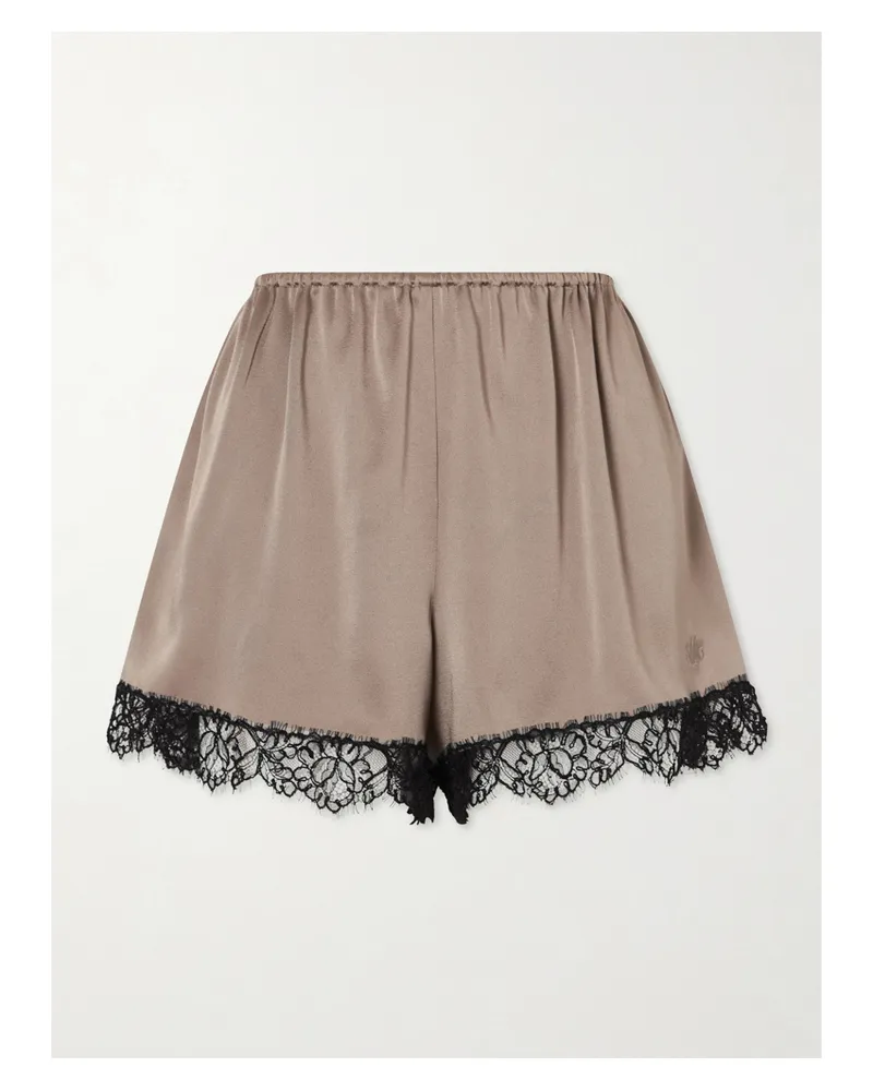 Stella McCartney Lace-trimmed Embroidered Satin Shorts - Brown Brown