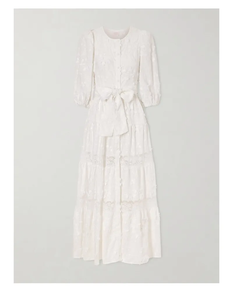Loretta Caponi Poppi Belted Tiered Lace-trimmed Broderie Anglaise Cotton Maxi Dress - White White