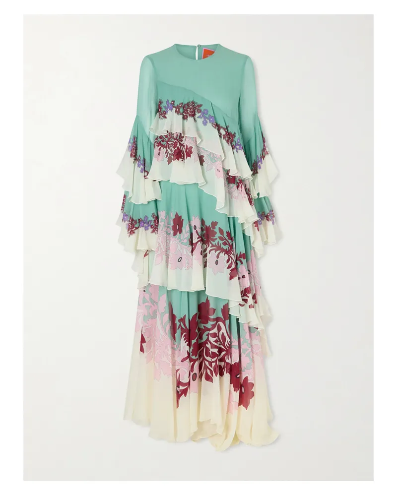 La DoubleJ Naiad Asymmetric Ruffled Silk-chiffon Maxi Dress - Green Green