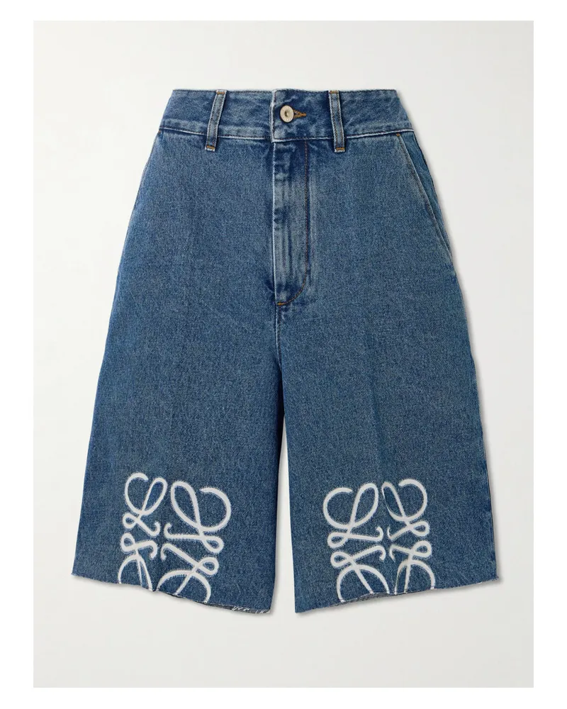 Loewe Anagram Jeansshorts mit Fransen Blau