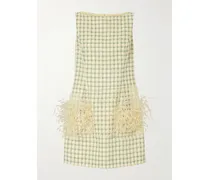Sequin-embellished Feather-trimmed Checked Cotton-blend Tweed Mini Dress - Yellow
