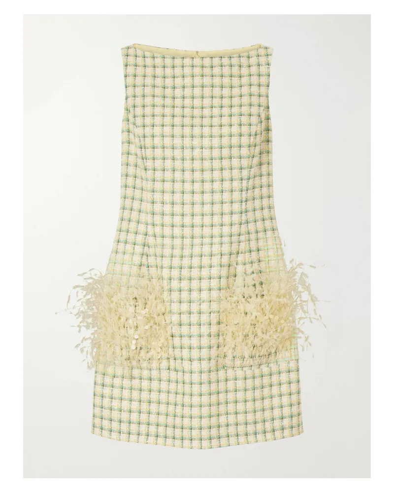 Oscar de la Renta Sequin-embellished Feather-trimmed Checked Cotton-blend Tweed Mini Dress - Yellow Yellow