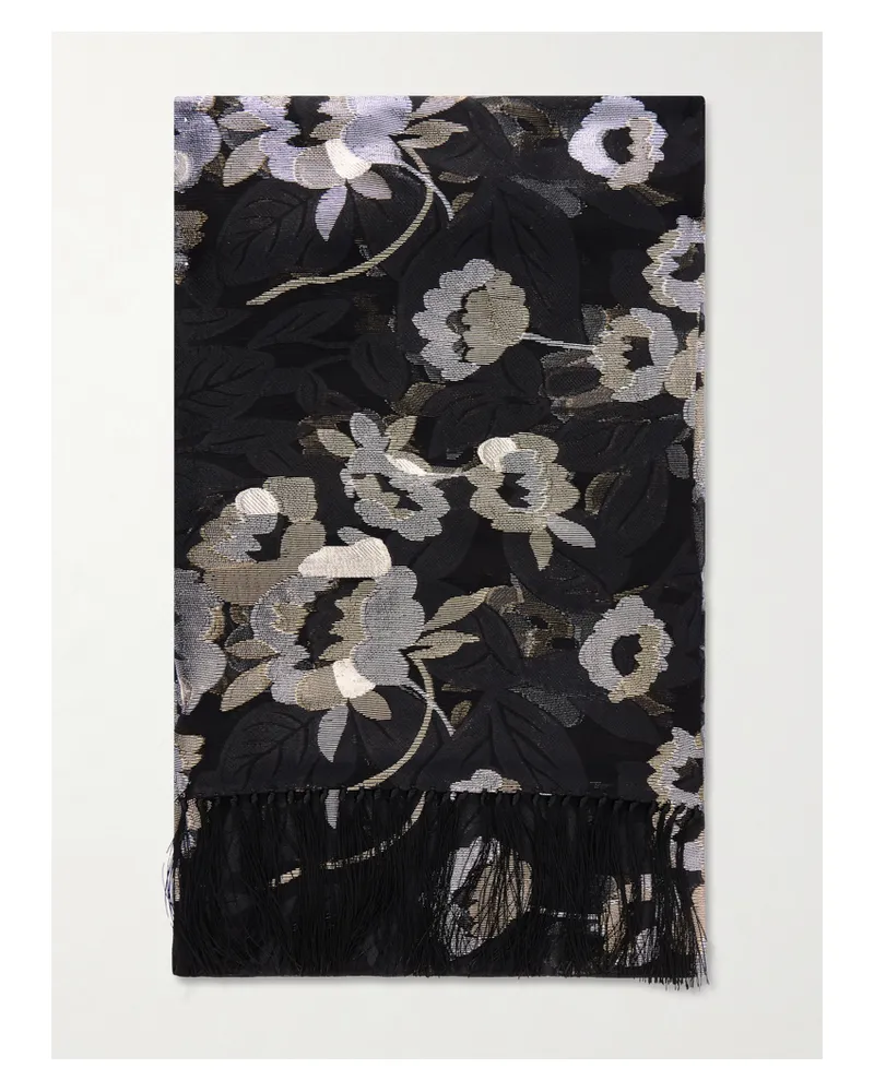 Valentino Garavani Tuch Aus Einer Seidenmischung Mit Jacquard-blumenmuster Und Fransen - Schwarz Schwarz