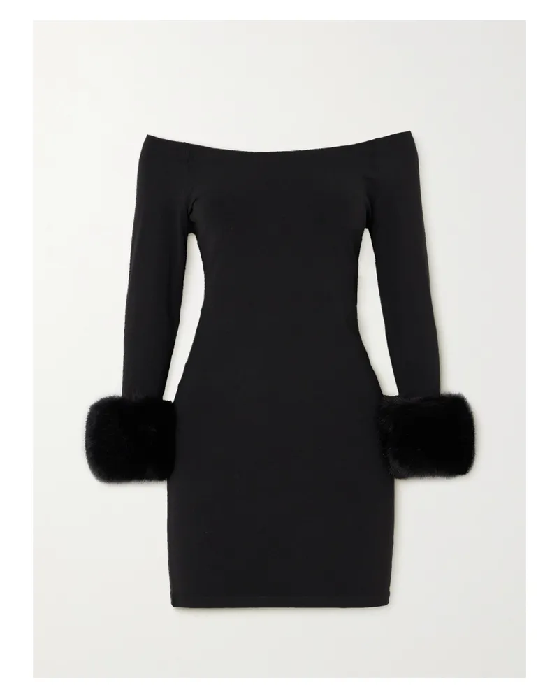 Alexander Wang Schulterfreies Minikleid Aus Stretch-jersey Mit Besätzen Aus Faux Fur - Schwarz Schwarz