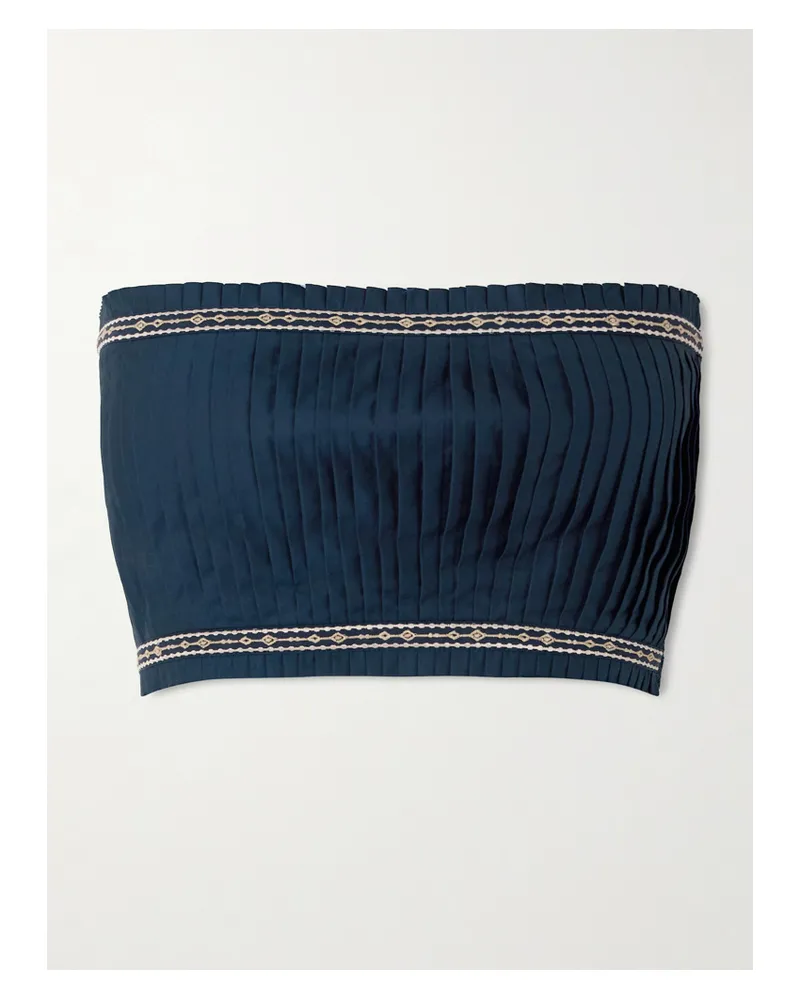 Emporio Sirenuse Flavia Strapless Cropped Embroidered Pleated Cotton-blend Top - Blue Blue