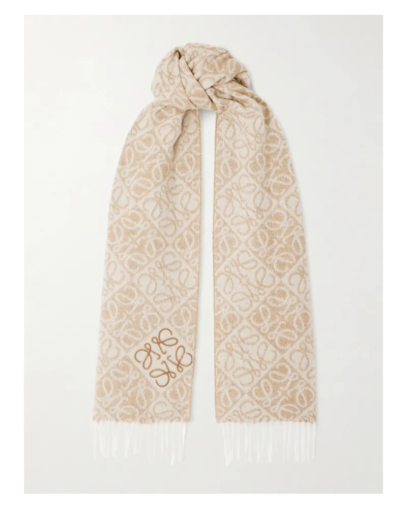 Loewe Fringed Wool And Cashmere-blend Jacquard Scarf - Neutrals Neutrals