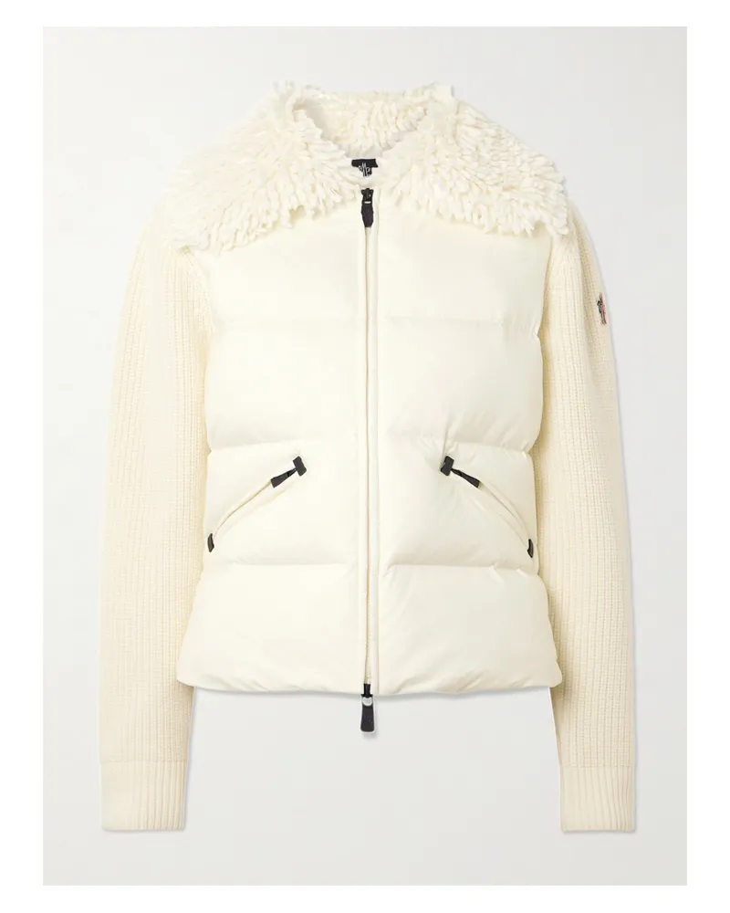 Moncler Fleece And Quilted Shell-paneled Ribbed Wool Cardigan - White White