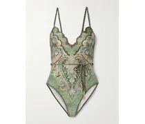 Wanderlust Bedruckter Badeanzug Mit Wellenkante, Verzierungen Und Bindegürtel - Blau