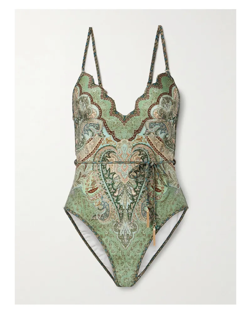 Zimmermann Wanderlust Bedruckter Badeanzug Mit Wellenkante, Verzierungen Und Bindegürtel - Blau Blau