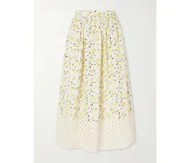 Broderie Anglaise-trimmed Printed Linen Midi Skirt - Yellow