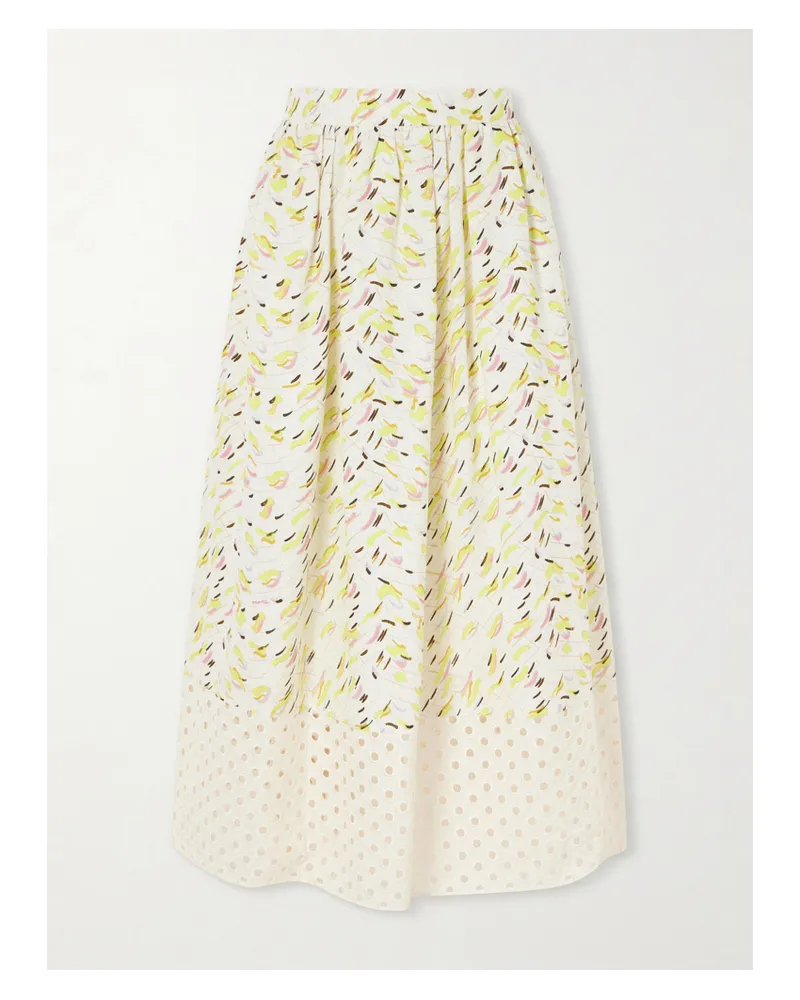 Marni Broderie Anglaise-trimmed Printed Linen Midi Skirt - Yellow Yellow