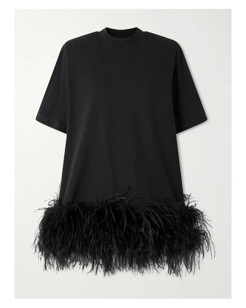 ATTICO Feather-trimmed Cotton-jersey Mini Dress - Black Black