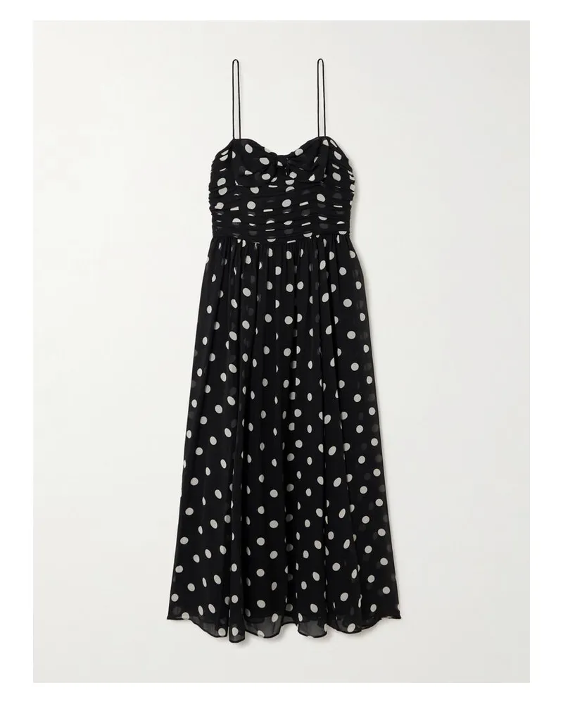DÔEN Maryanna Midikleid Aus Seiden-georgette Mit Polka-dots, Raffungen Und Schleife - Schwarz Schwarz