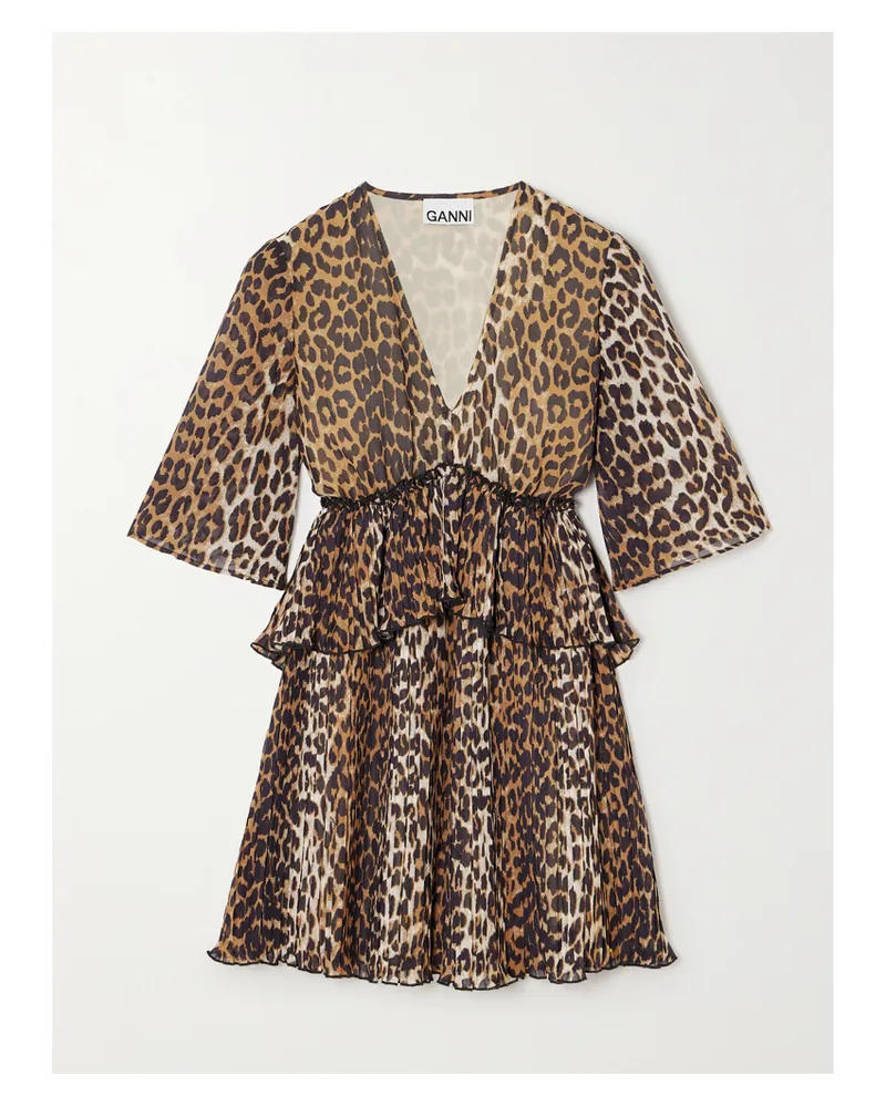 Ganni Net Sustain Minikleid Aus Recyceltem Georgette Mit Leopardenprint Und Falten - Animal-Print Animal-print
