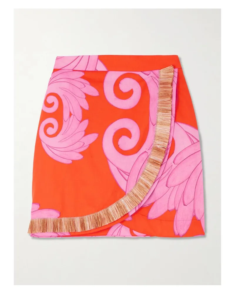 THEMIS Z Lydia Minirock Aus Bedrucktem Baumwoll-twill Mit Raffiabastbesätzen - Pink Pink