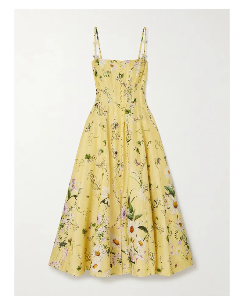 Camilla Midikleid Aus Einer Leinen-seidenmischung Mit Blumenprint Und Kristallen - Gelb Gelb