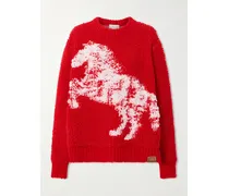 Oversized Distressed Jacquard-knit Wool-blend Fleece Sweater - Red