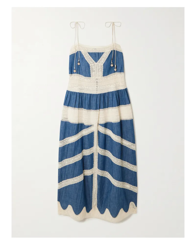 Zimmermann Awaken Midikleid Aus Denim Mit Spitzenbesätzen - Blau Blau