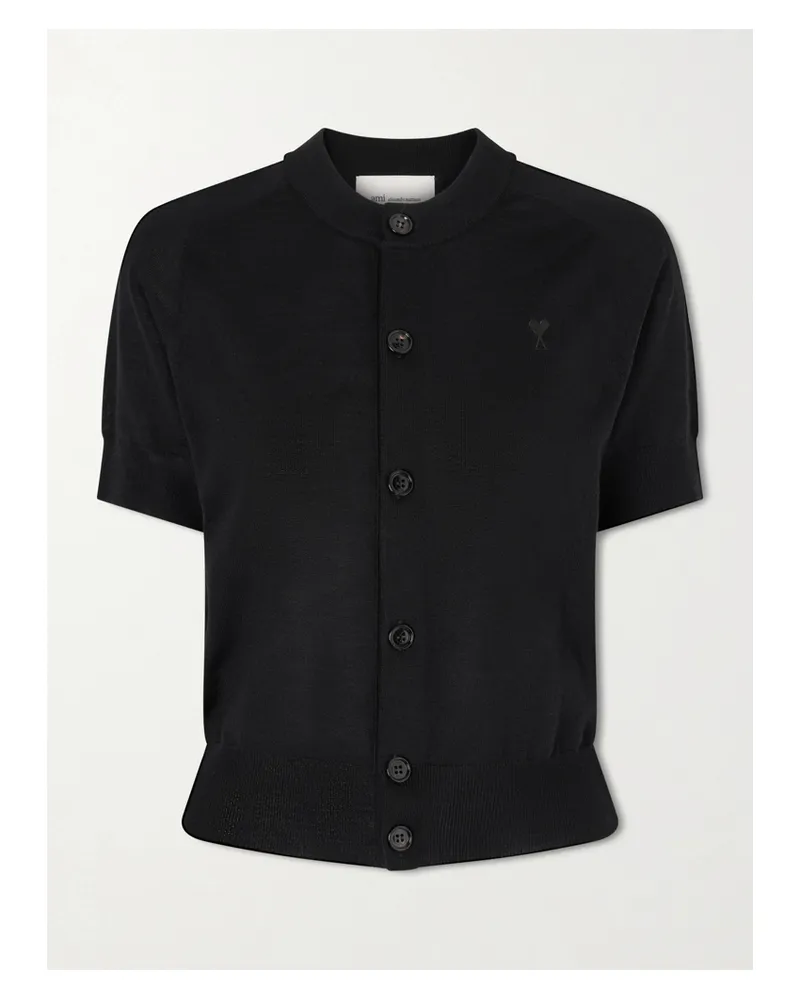 AMI Paris Embroidered Merino Wool Cardigan - Black Black