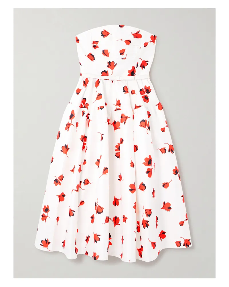 Self-Portrait Trägerloses Midikleid Aus Taft Mit Blumenprint, Gürtel Und Raffungen - Weiß Weiß