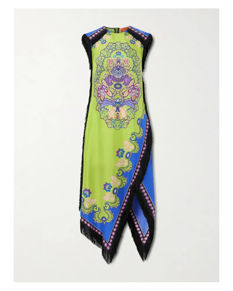 La DoubleJ Fringed Asymmetric Printed Silk Midi Dress - Green Green