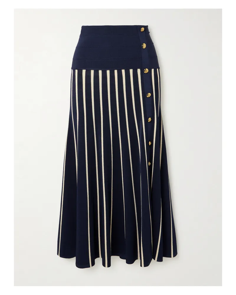 Zimmermann Luna Button-detailed Pleated Striped Knitted Midi Skirt - Blue Blue