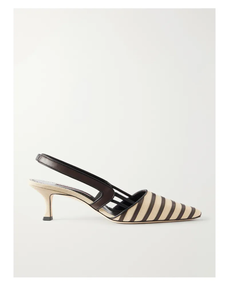 Manolo Blahnik Pelas 50 Leather-trimmed Canvas Slingback Pumps - Neutrals Neutrals