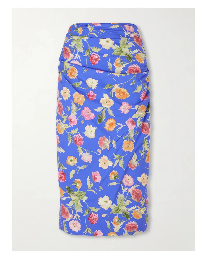 Carolina Herrera New York Ruched Floral-print Cotton-blend Midi Skirt - Blue Blue