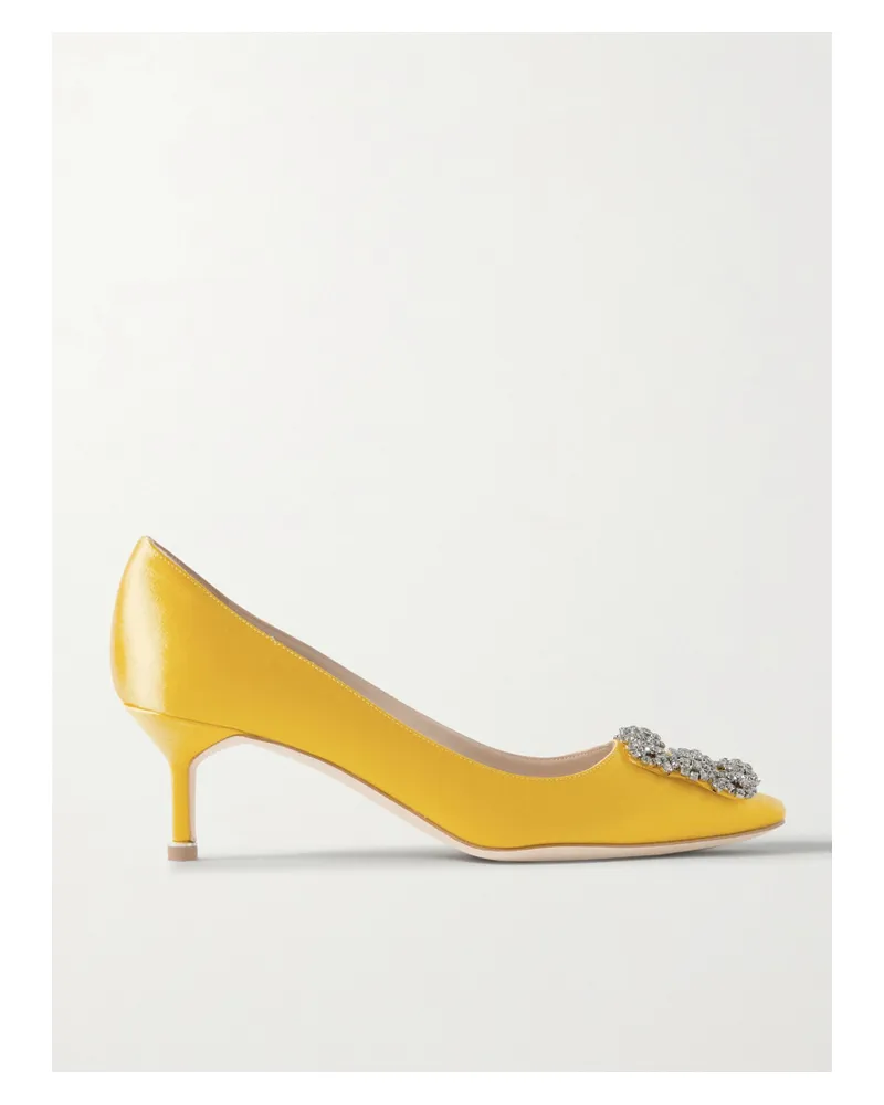 Manolo Blahnik Hangisi 50 Crystal-embellished Satin Pumps - Yellow Yellow