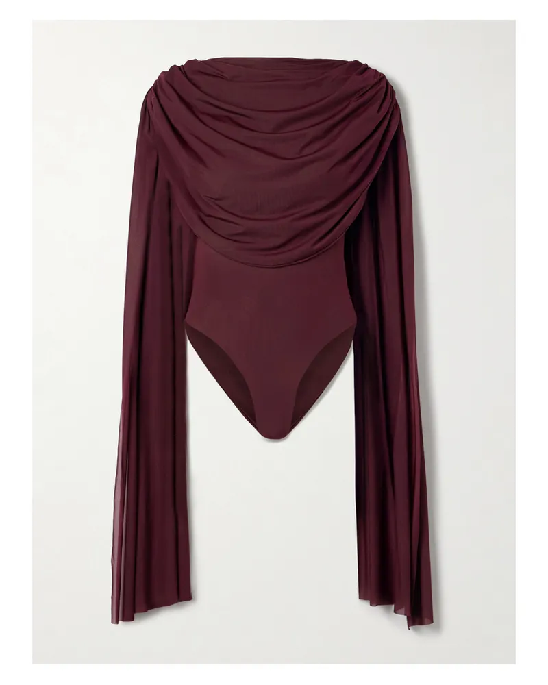 Maygel Coronel Burano Cape-effect Draped Stretch-jersey Bodysuit - Burgundy Burgundy