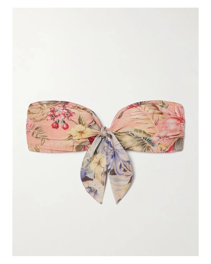 Zimmermann Coco Bandeau-bikini-oberteil Mit Blumenprint In Metallic-optik Zum Binden - Pink Pink
