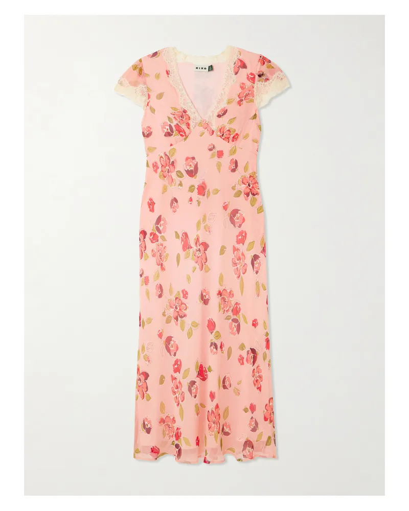 RIXO Clarice Midikleid Aus Georgette Mit Blumenprint, Spitzenbesätzen Und Applikation - Pink Pink