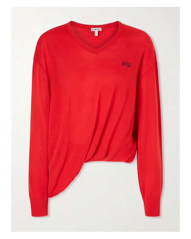 Loewe Asymmetric Draped Embroidered Wool-blend Sweater Red