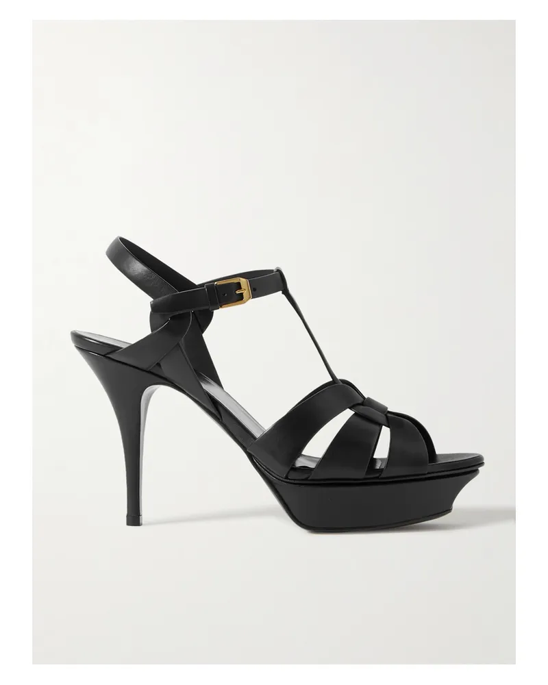 Saint Laurent Tribute Woven Leather Platform Sandals - Black Black