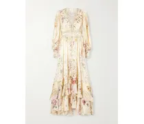 Crystal-embellished Tiered Floral-print Silk-chiffon Midi Dress - Neutrals
