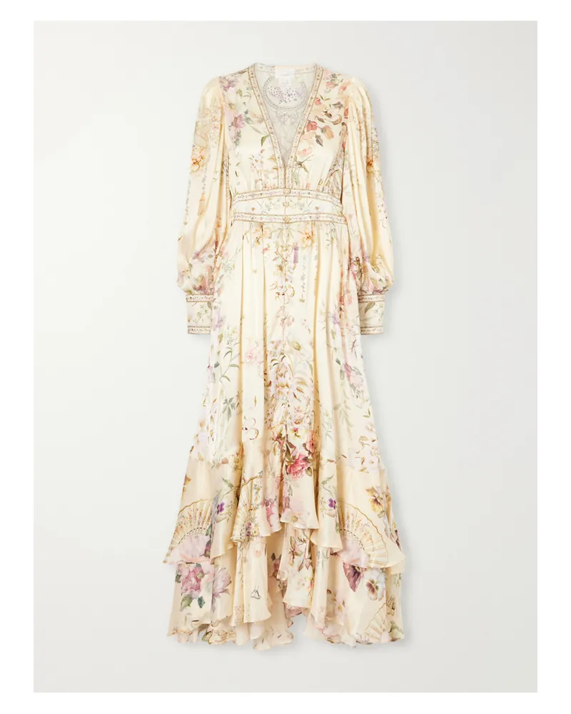 Camilla Crystal-embellished Tiered Floral-print Silk-chiffon Midi Dress - Neutrals Neutrals