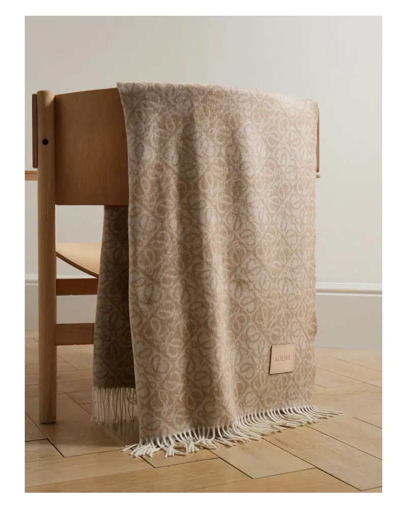 Loewe Anagram Decke Aus Einer Woll-kaschmirmischung Mit Jacquard-muster Und Lederbesatz - Neutral Neutral