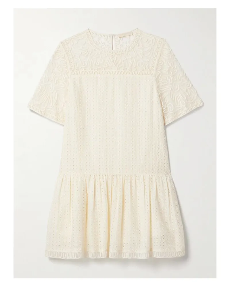 Ulla Johnson Gabi Minikleid Aus Einer Baumwoll-seidenmischung Mit Lochstickerei Und Tüllbesätzen - Elfenbein Elfenbein