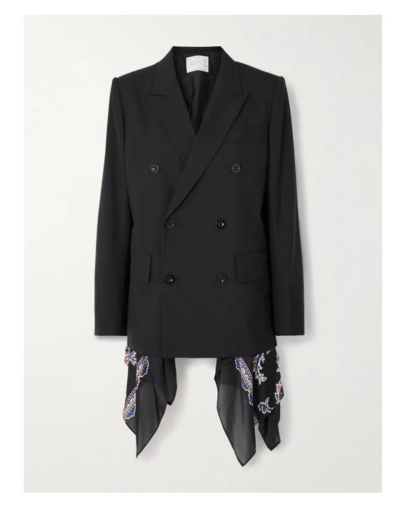 Sacai Doppelreihiger Blazer Aus Grain De Poudre Mit Einsätzen Aus Voile Und Paisley-print - Schwarz Schwarz