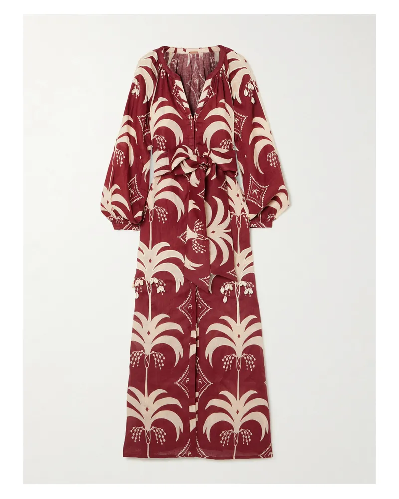 Johanna Ortiz Weaving Waves Belted Embellished Printed Linen Midi Dress - Red Red