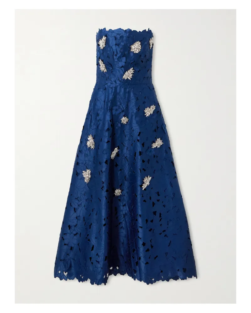 COSTARELLOS Strapless Crystal-embellished Corded Lace Midi Dress - Blue Blue