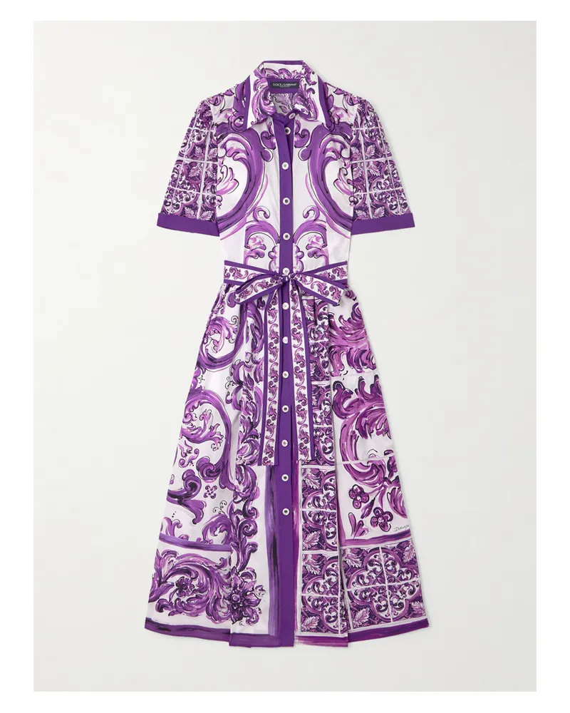 Dolce & Gabbana Midi-hemdblusenkleid Aus Bedruckter Baumwollpopeline Mit Bindegürtel - Lila Lila