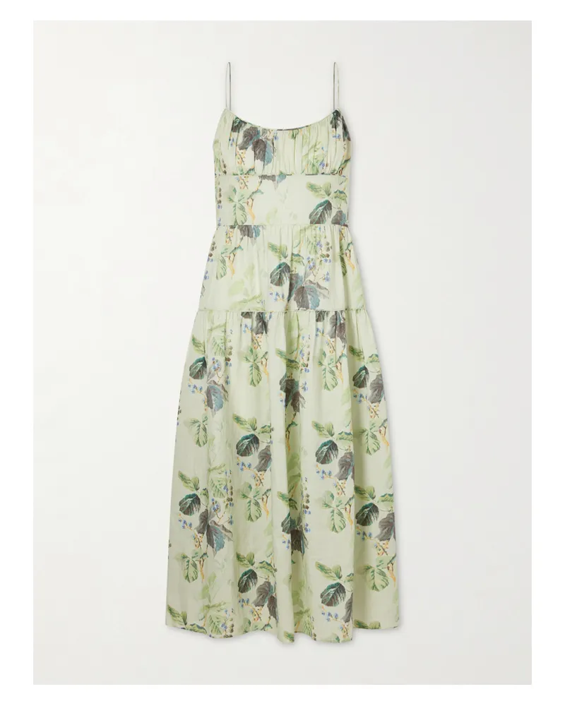DÔEN Benoit Tiered Gathered Floral-print Ramie Midi Dress - Green Green