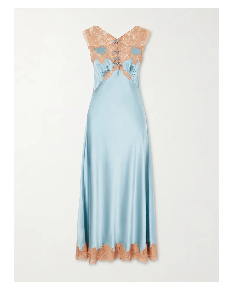 DÔEN Marcelle Lace-trimmed Silk-satin Midi Dress - Blue Blue