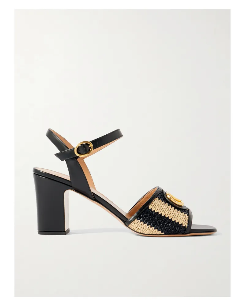 Valentino Garavani Vlogo Signature 75 Embellished Leather-trimmed Striped Raffia Sandals - Black Black