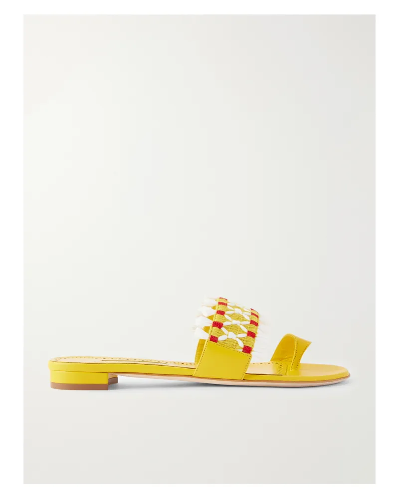 Manolo Blahnik Brava Raffia-trimmed Crocheted Leather Sandals - Yellow Yellow