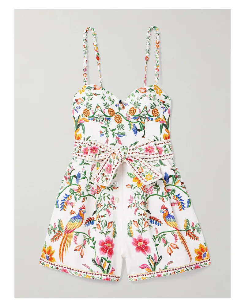 FARM Rio Playsuit Aus Leinen Mit Blumenprint Und Bindegürtel - Weiß Weiß